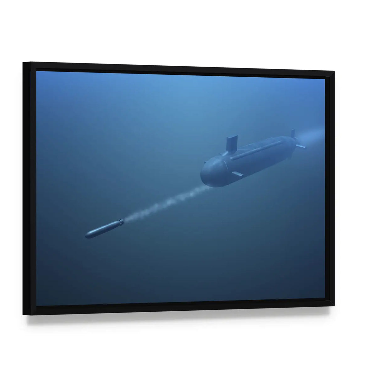 Submarine Shooting Missile Canvas Wall Art, framed canvas in a black floater frame, angled product view