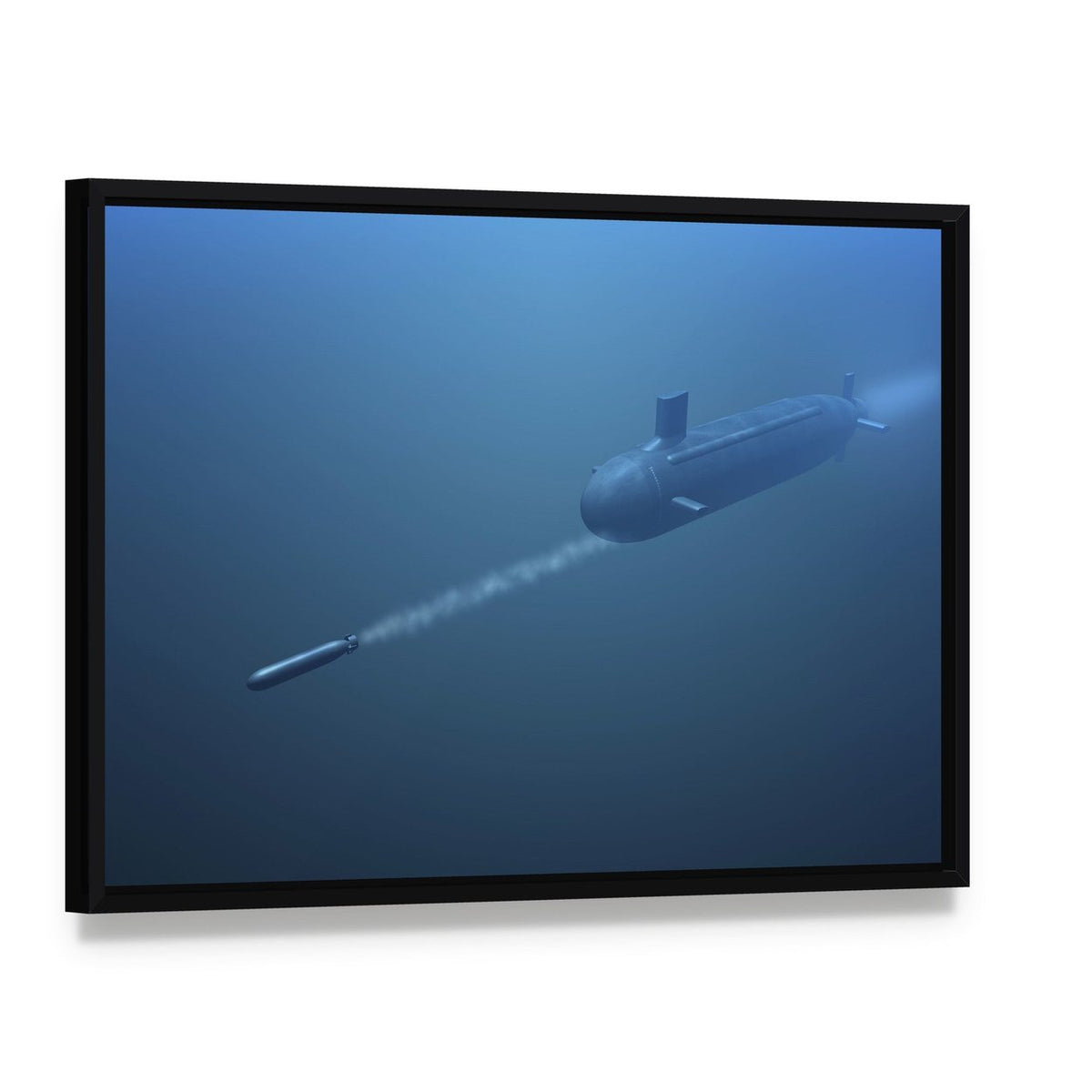 Submarine Underwater Front View Canvas Wall Art, framed canvas in a black floater frame, angled product view