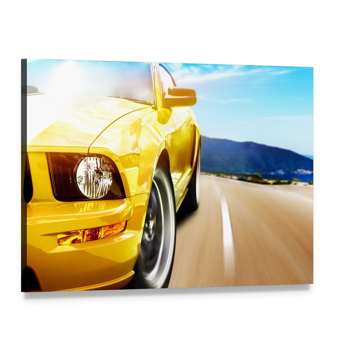 Yellow Sport Car on a Narrow Road Canvas Wall Art, single panel gallery wrapped canvas, angled product view