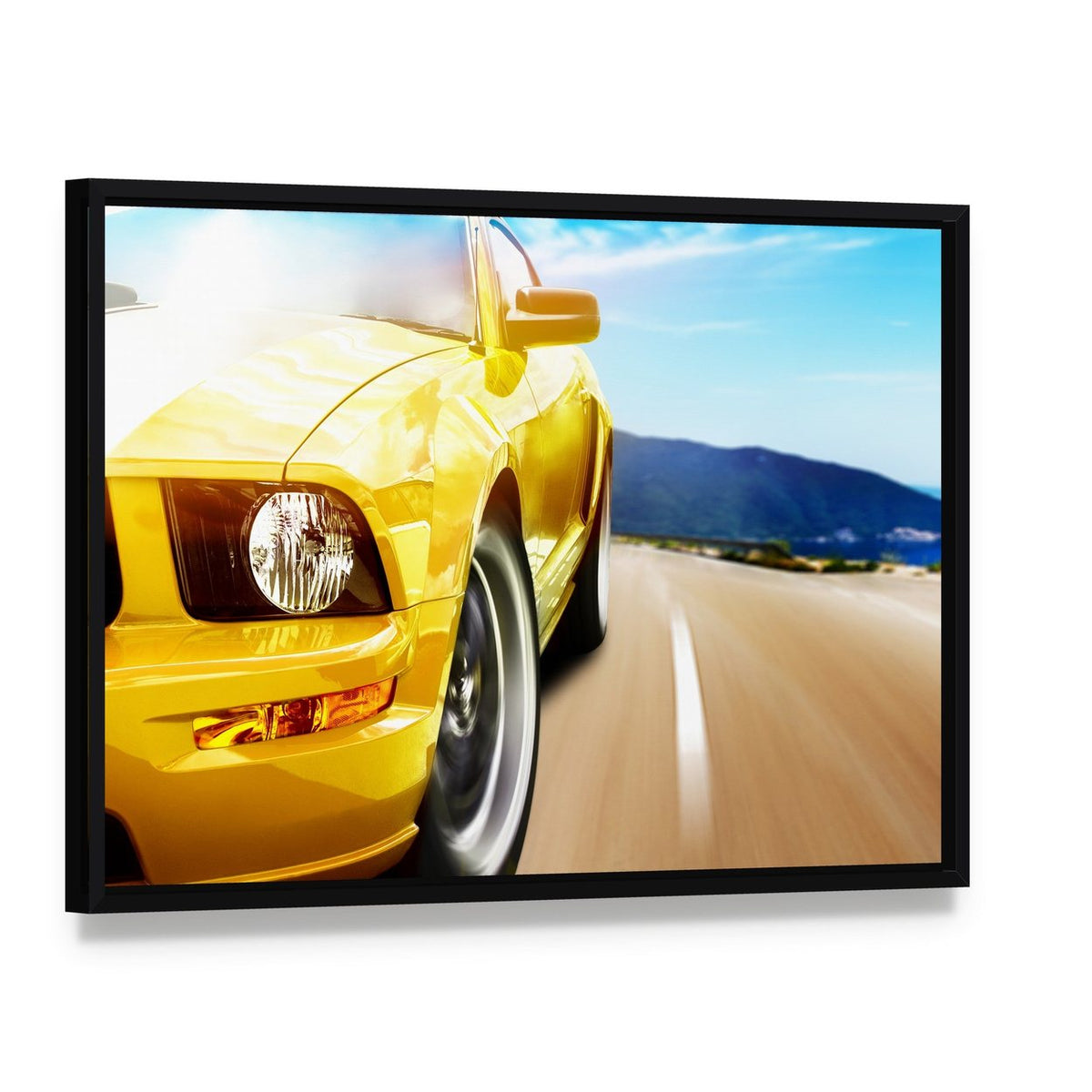 Yellow Sport Car on a Narrow Road Canvas Wall Art, framed canvas in a black floater frame, angled product view