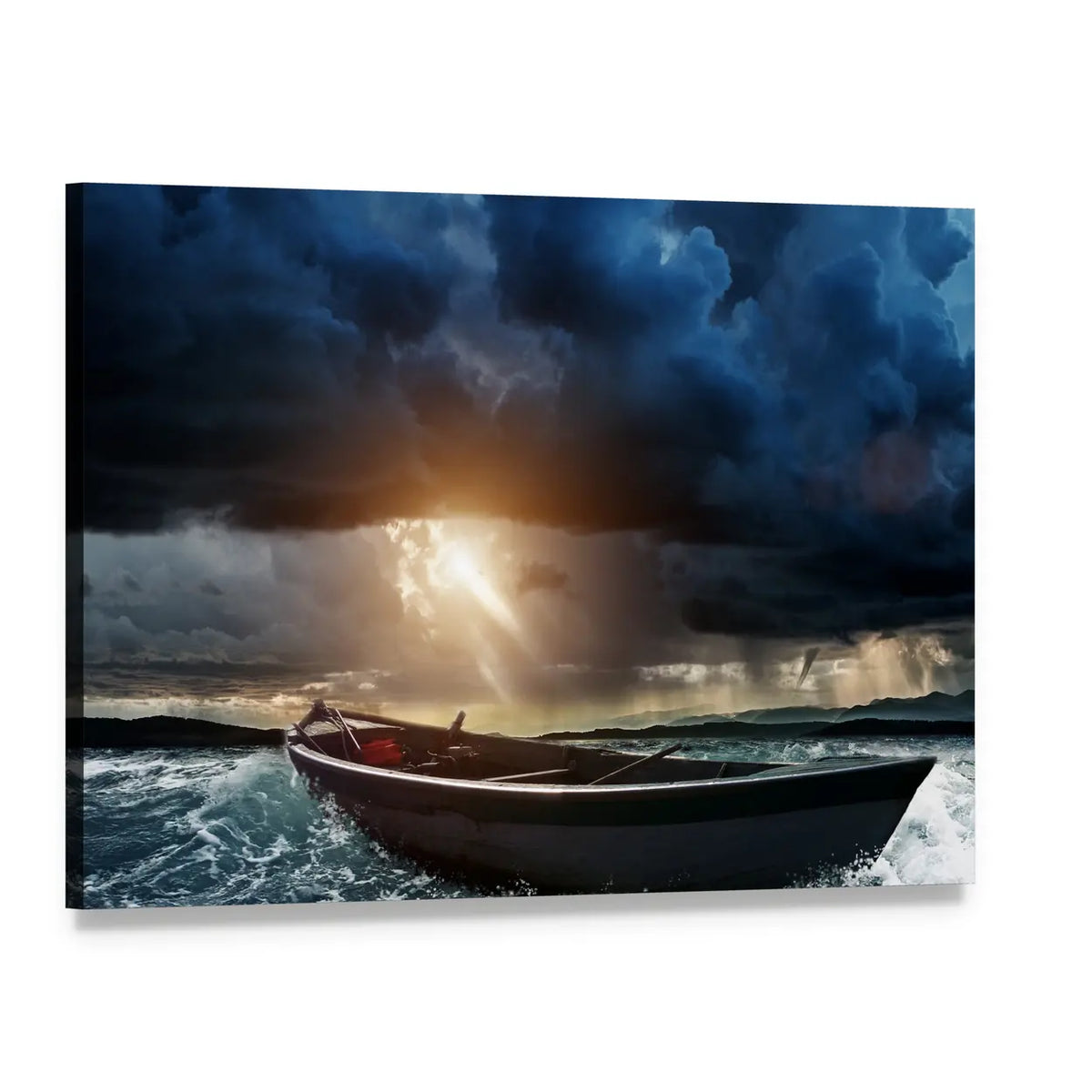 Wooden Boat in Stormy Sea Canvas Wall Art, single panel gallery wrapped canvas, angled product view
