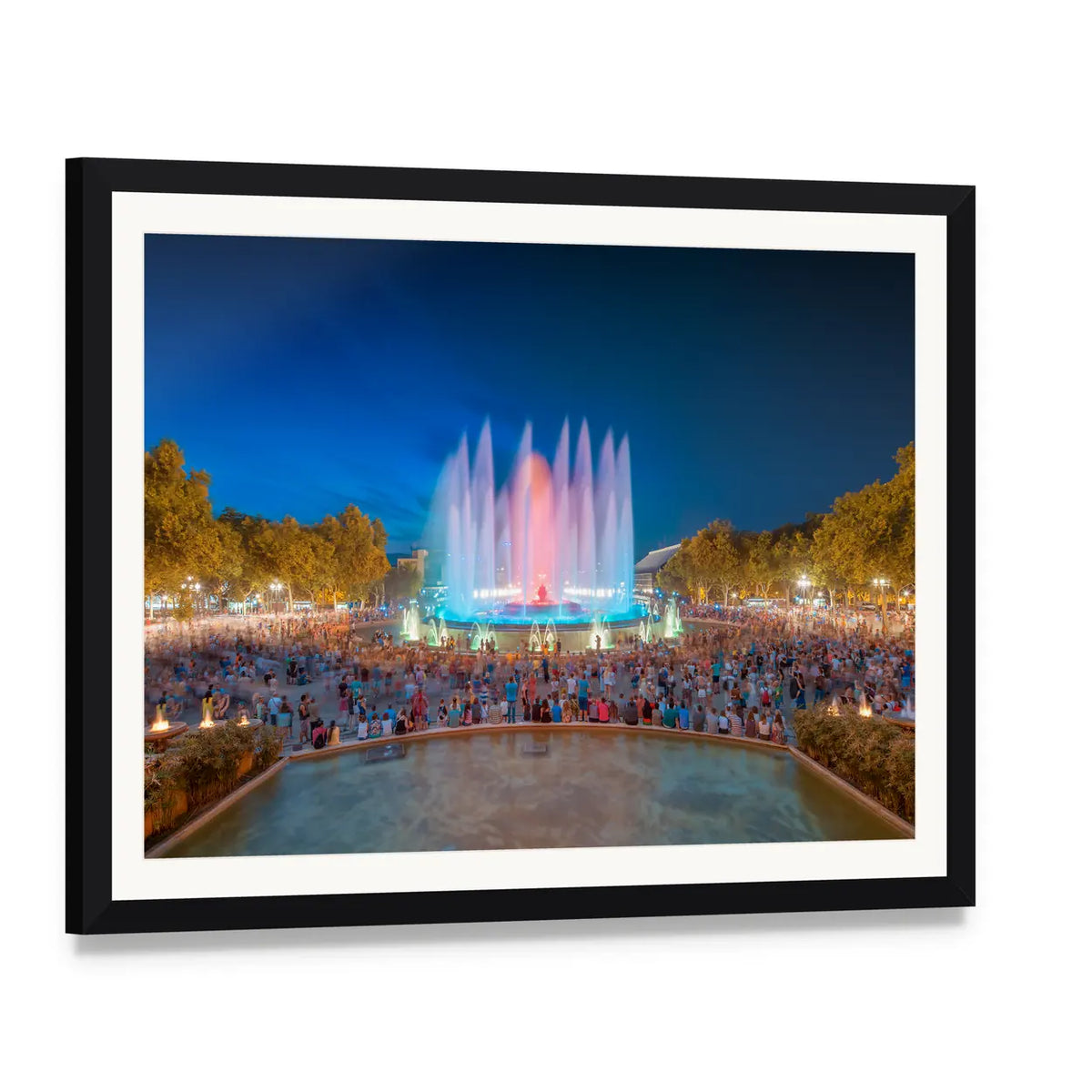 Magic Fountain of Montjuïc, Barcelona Canvas Wall Art, framed print with white mat and black frame, angled product view