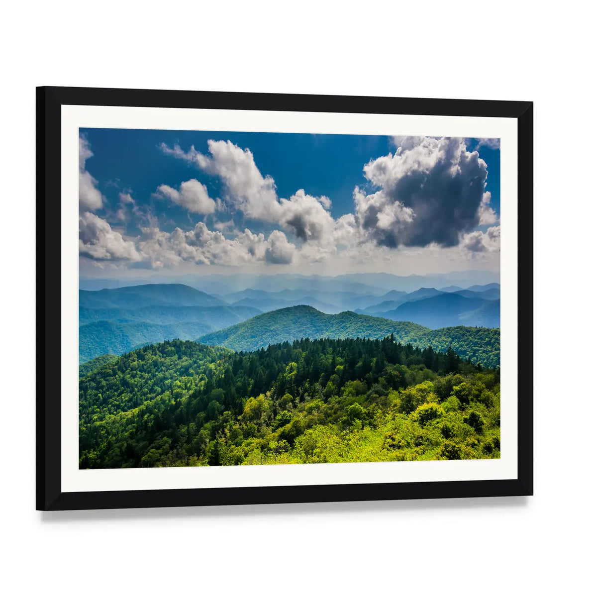 Blue Ridge Mountains Landscape Canvas Wall Art, framed print with white mat and black frame, angled product view