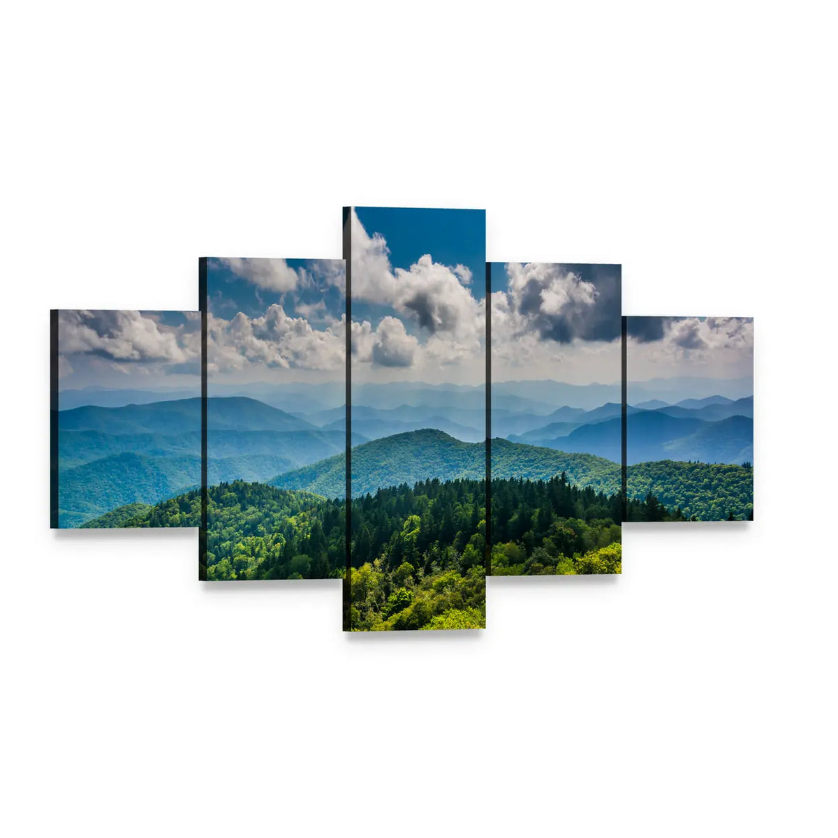 Blue Ridge Mountains Landscape Canvas Wall Art, 5 panel 5 Star layout gallery wrapped canvas set, angled product view