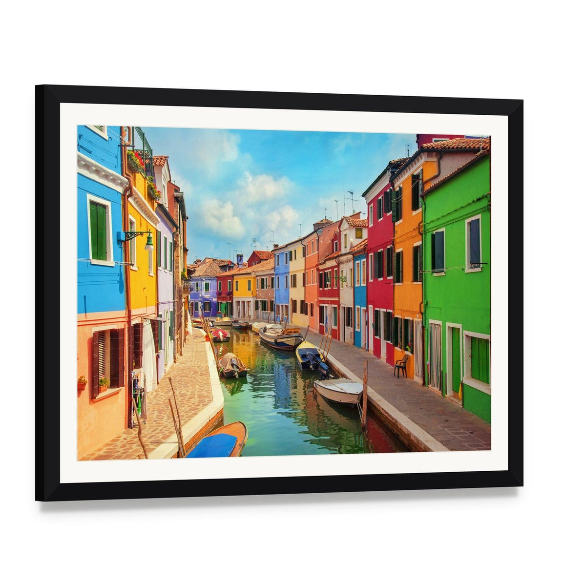 Burano Island in Sunny Venice Canvas Wall Art, framed print with white mat and black frame, angled product view