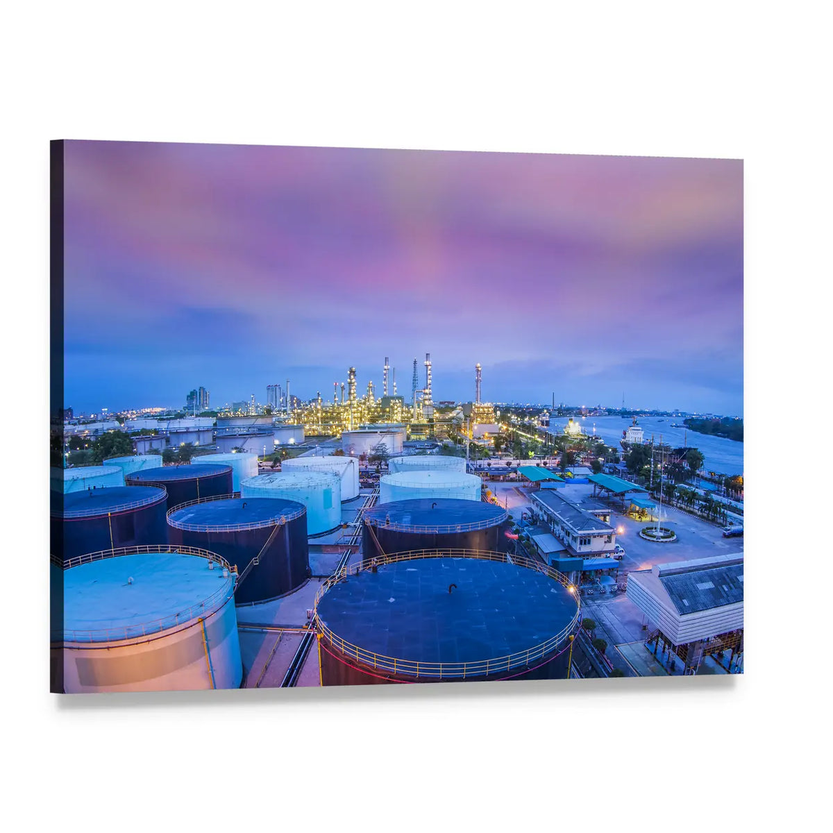 Twilight Oil Refinery with Storage Tanks Canvas Wall Art, single panel gallery wrapped canvas, angled product view