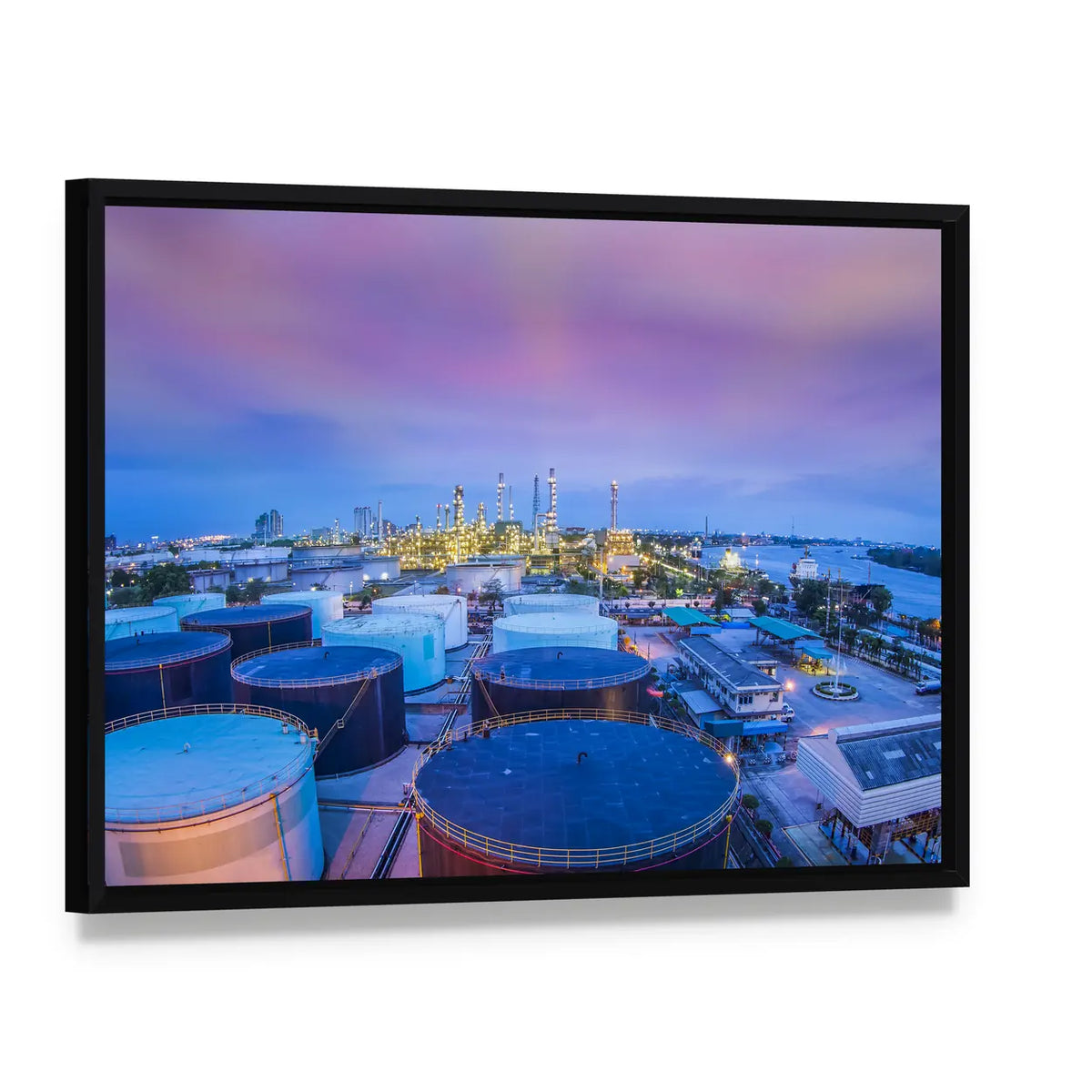 Twilight Oil Refinery with Storage Tanks Canvas Wall Art, framed canvas in a black floater frame, angled product view