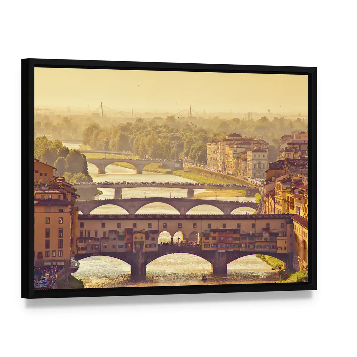 Ponte Vecchio at Golden Hour, Florence Cityscape Canvas Wall Art, framed canvas in a black floater frame, angled product view
