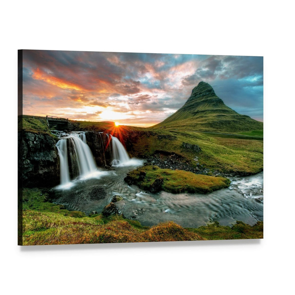 Kirkjufell Waterfall at Sunset Canvas Wall Art, single panel gallery wrapped canvas, angled product view