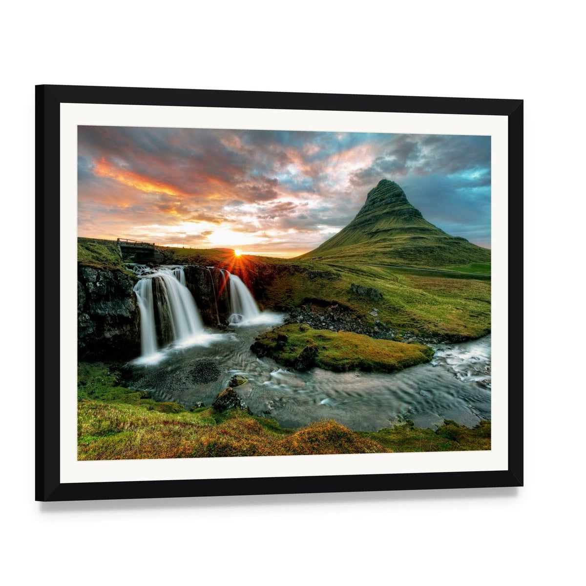 Kirkjufell Waterfall at Sunset Canvas Wall Art, framed print with white mat and black frame, angled product view