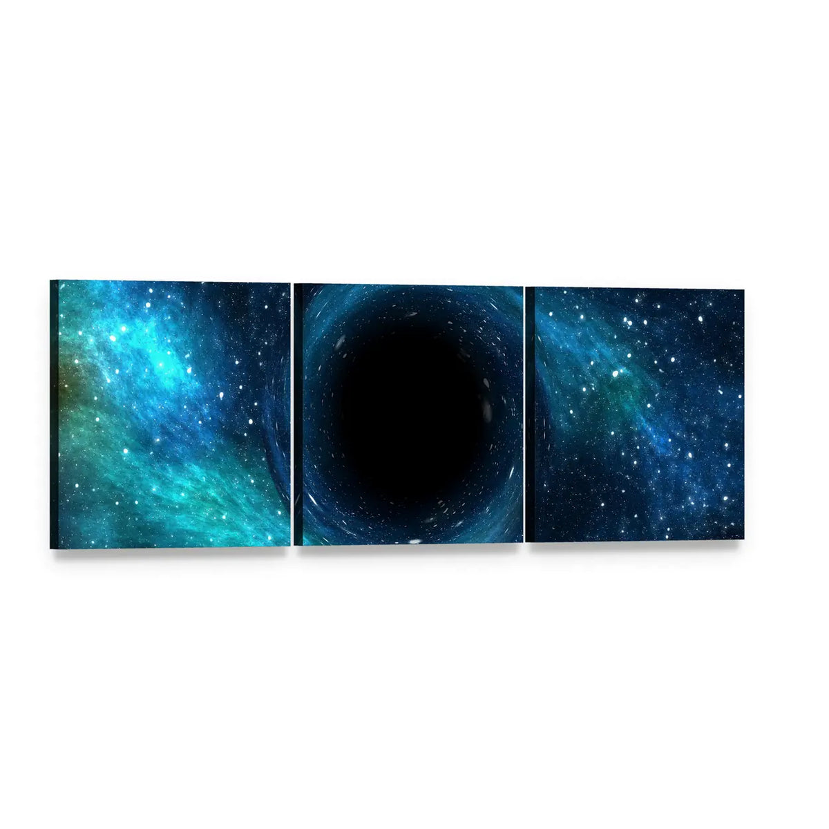 Black Hole Over Star Field Panoramic Canvas Wall Art, 3 panel 3 Piece layout gallery wrapped canvas set, angled product view