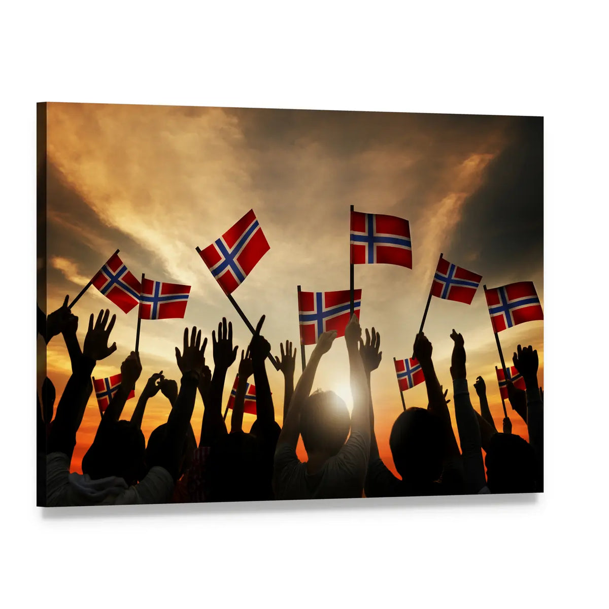 Celebrating Crowd with Norwegian Flags Canvas Wall Art, single panel gallery wrapped canvas, angled product view