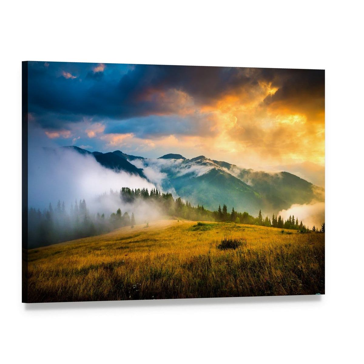 Misty Mountain Range at Golden Dawn Canvas Wall Art, single panel gallery wrapped canvas, angled product view