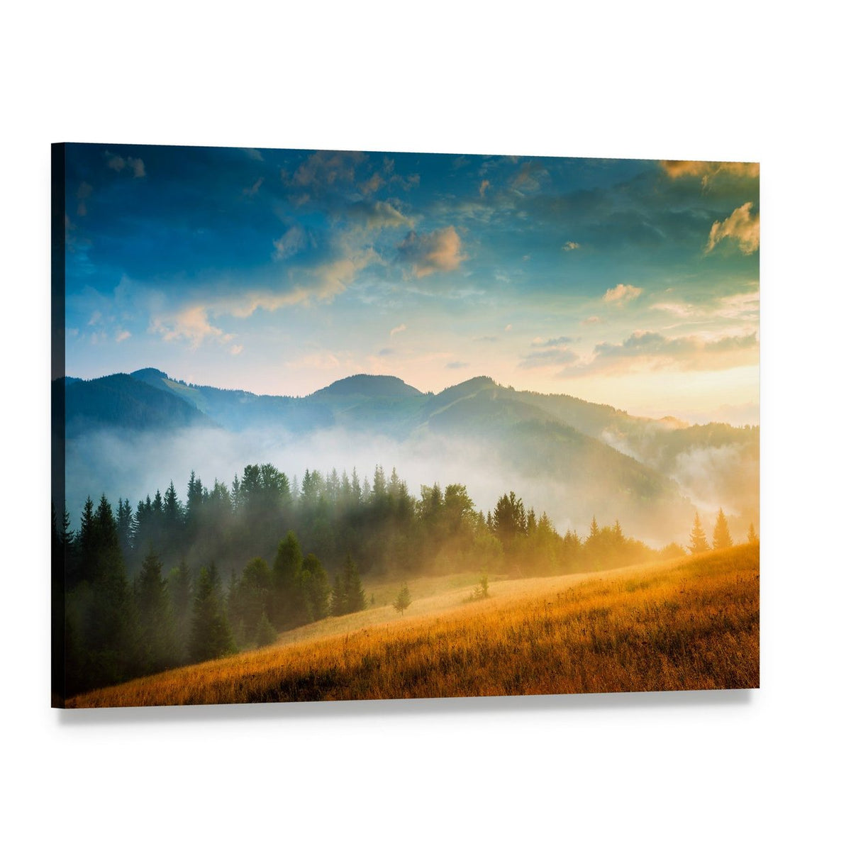 Misty Mountain Landscape at Sunset Canvas Wall Art, single panel gallery wrapped canvas, angled product view