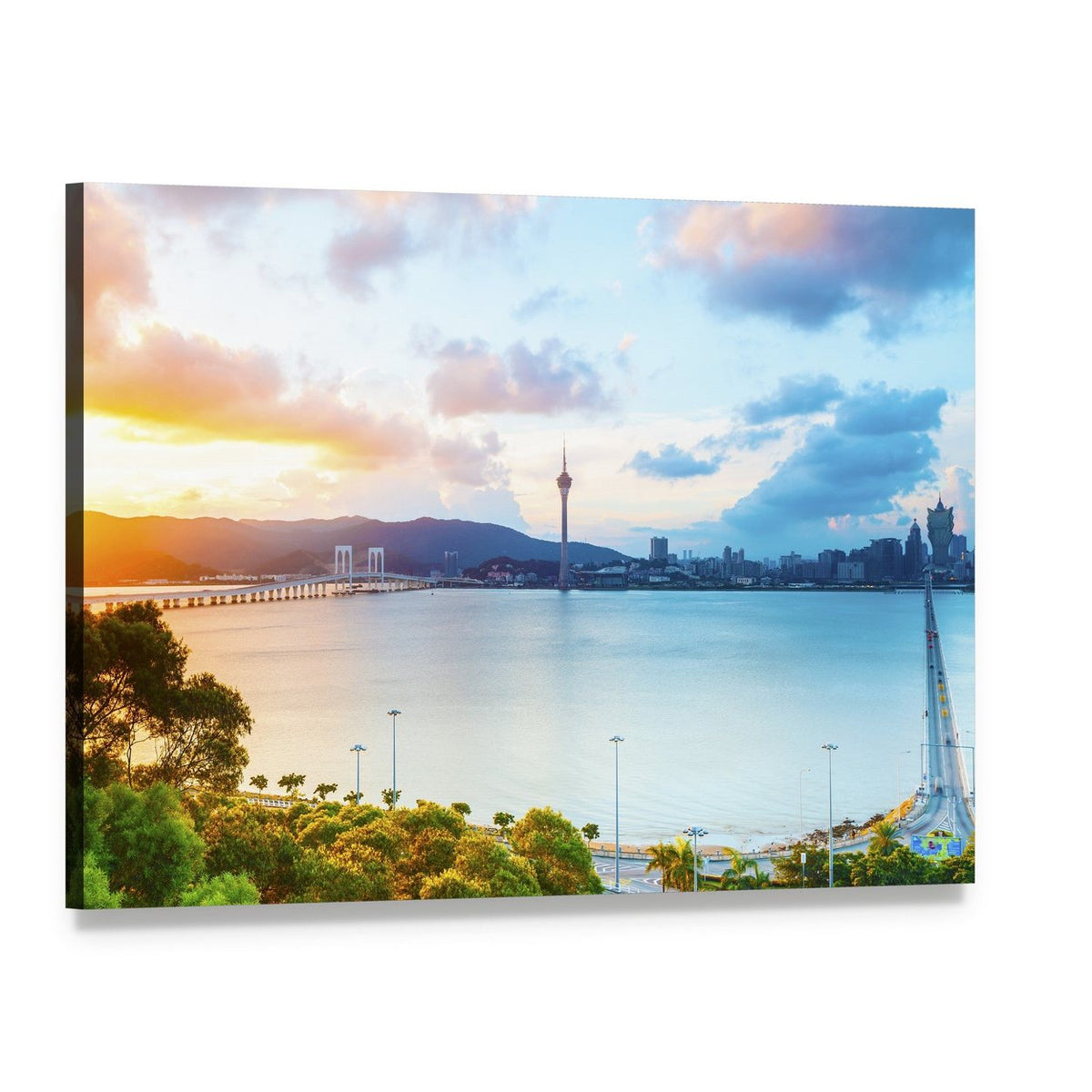 Macau Cityscape at Sunset Canvas Wall Art, single panel gallery wrapped canvas, angled product view