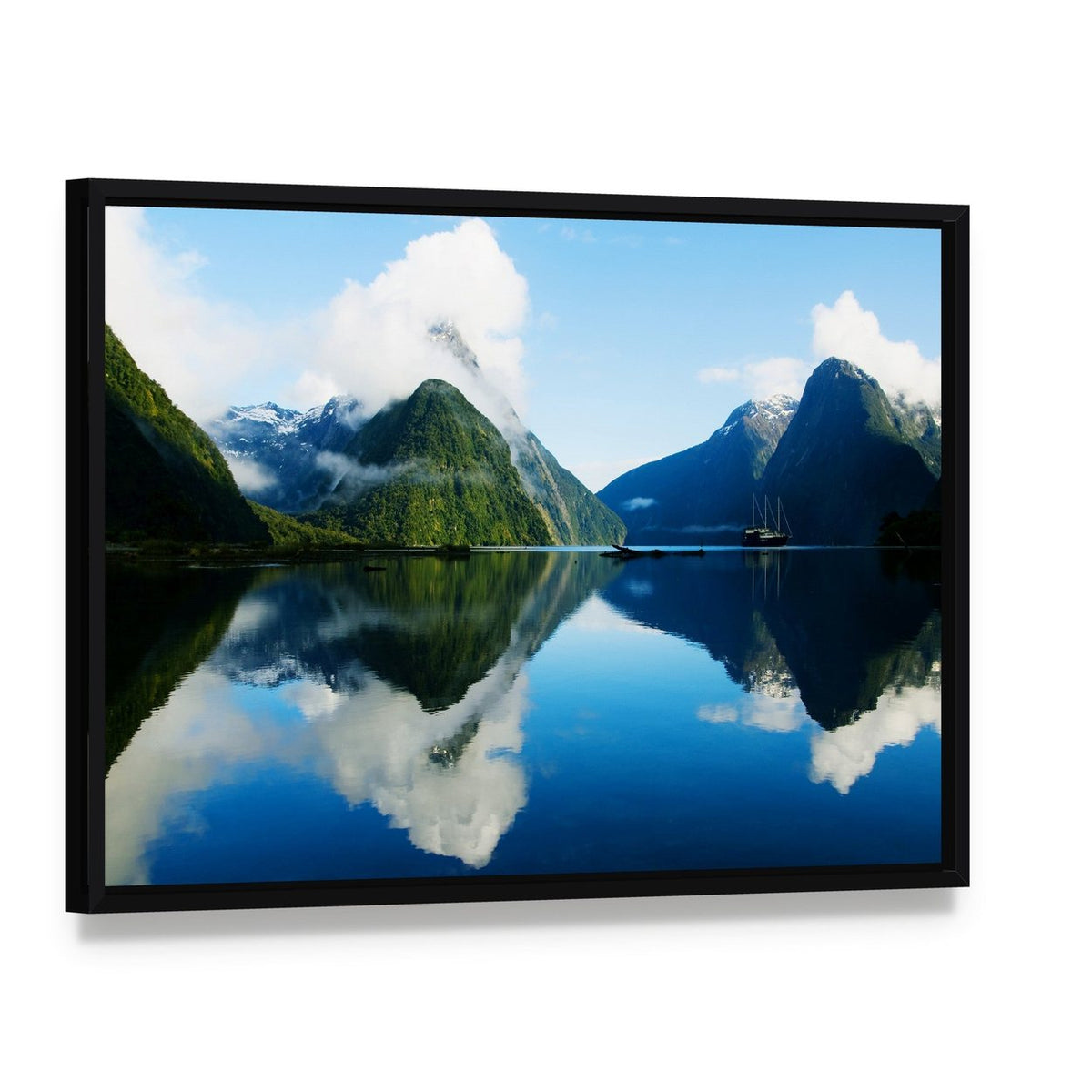Milford Sound, New Zealand Reflection Canvas Wall Art, framed canvas in a black floater frame, angled product view