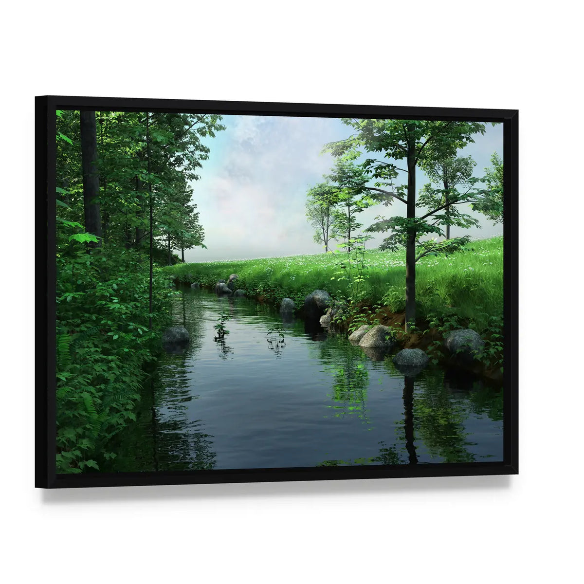 Green Meadow by a Winding Stream Canvas Wall Art, framed canvas in a black floater frame, angled product view