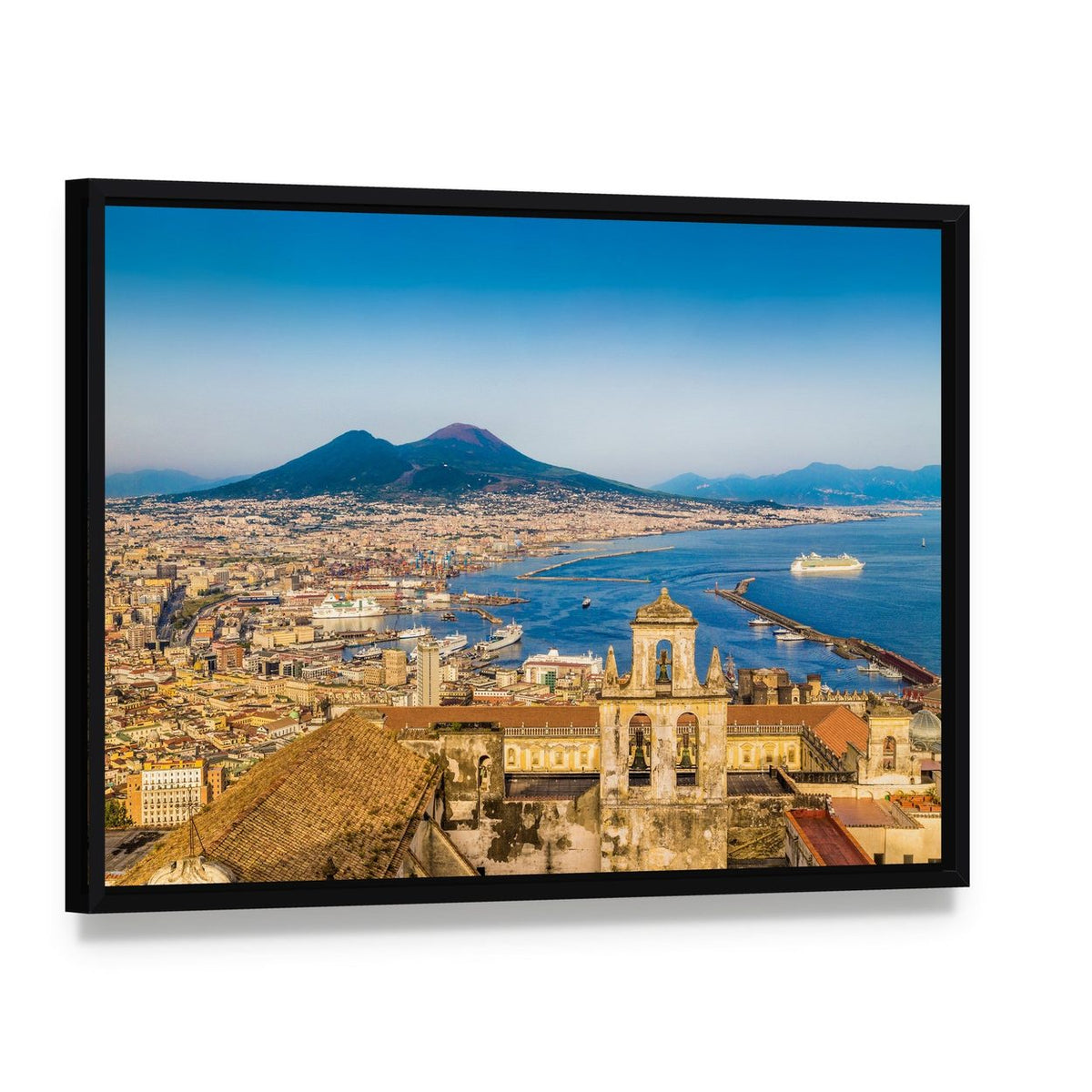 Naples Harbor with Mount Vesuvius Canvas Wall Art, framed canvas in a black floater frame, angled product view