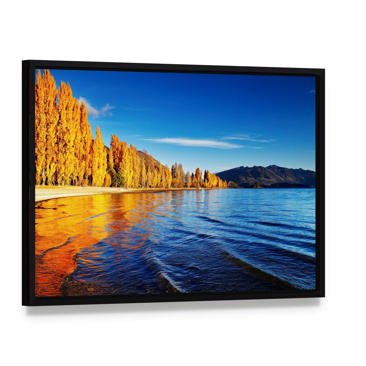 Lake Wanaka Golden Autumn Reflection Canvas Wall Art, framed canvas in a black floater frame, angled product view