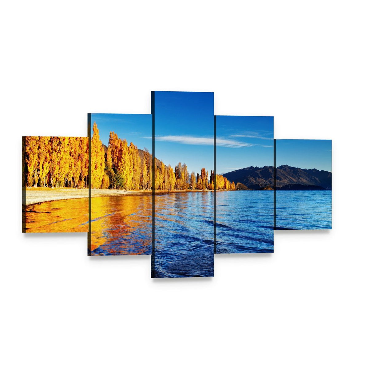 Lake Wanaka Golden Autumn Reflection Canvas Wall Art, 5 panel 5 Star layout gallery wrapped canvas set, angled product view
