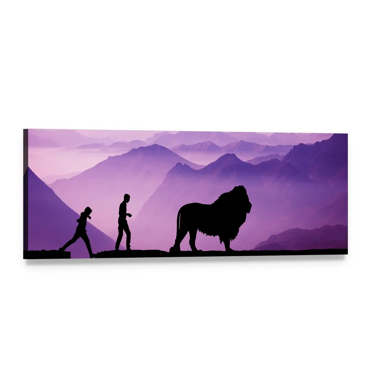 Lion and Two Male Silhouettes Panoramic Canvas Wall Art, single panel gallery wrapped canvas, angled product view