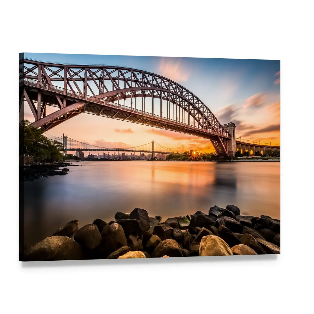 Hell Gate and Triboro Bridge at Sunset Canvas Wall Art, single panel gallery wrapped canvas, angled product view
