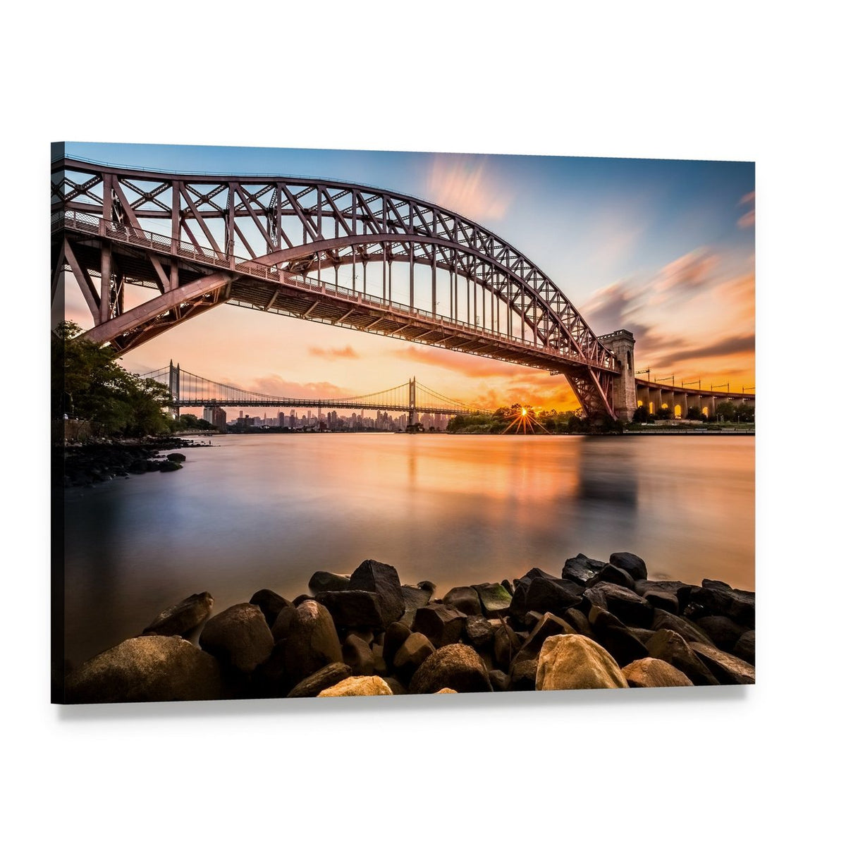 Hell Gate & Triboro Bridge at Sunset Canvas Wall Art, single panel gallery wrapped canvas, angled product view