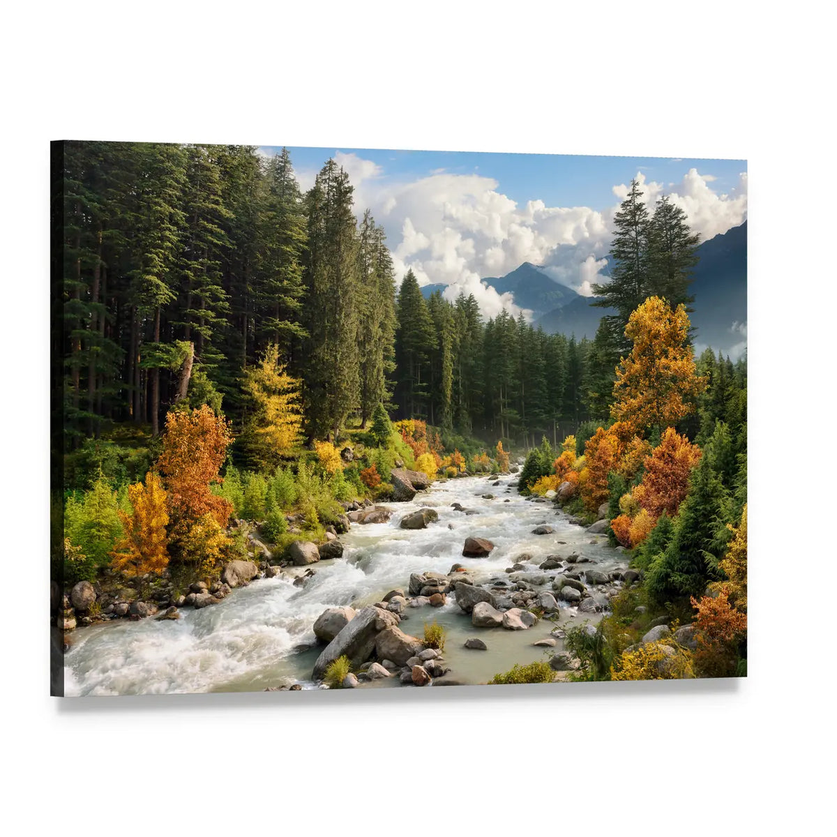Autumn Stream Through Pine Forest Canvas Wall Art, single panel gallery wrapped canvas, angled product view