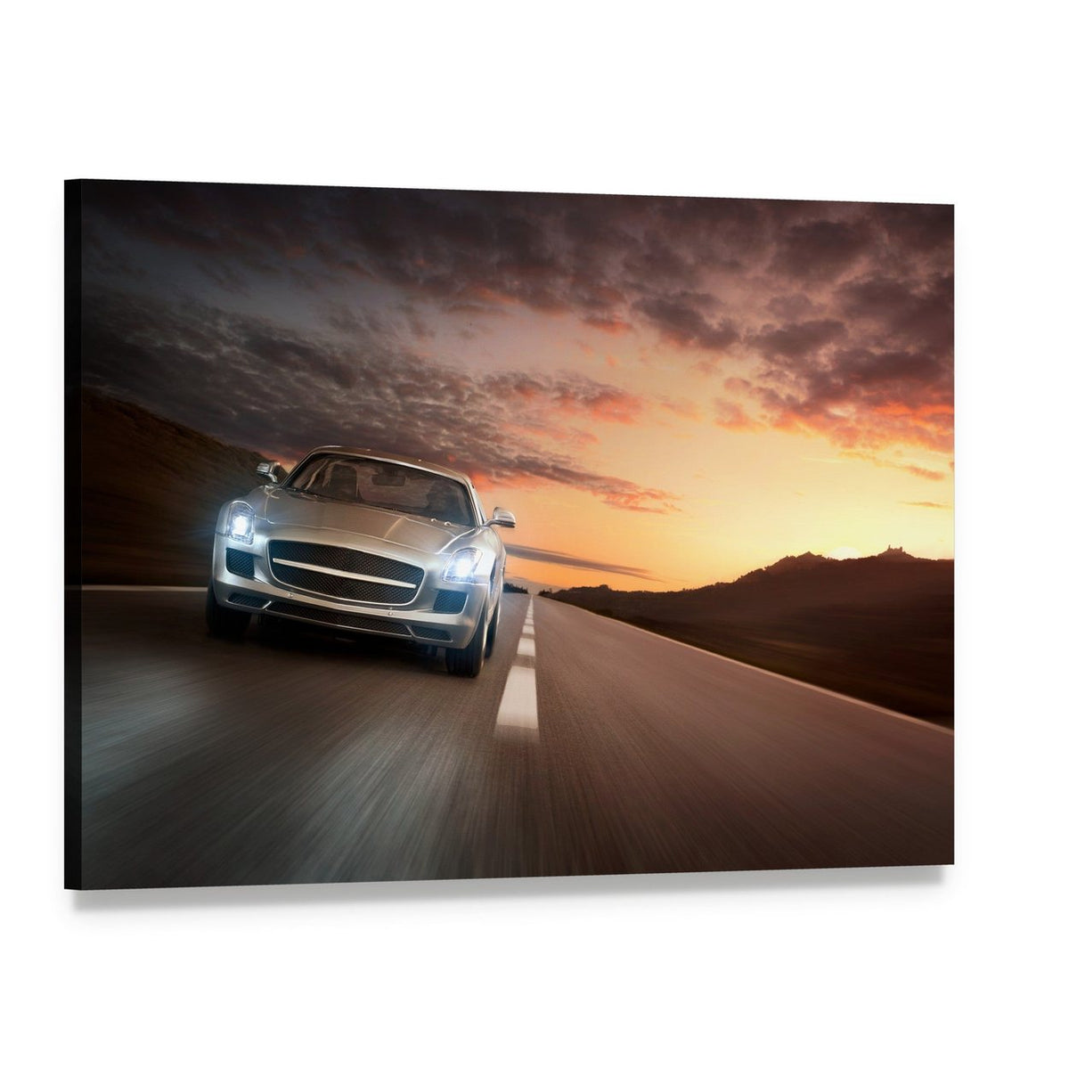 Sports Car on Highway Canvas Wall Art, single panel gallery wrapped canvas, angled product view