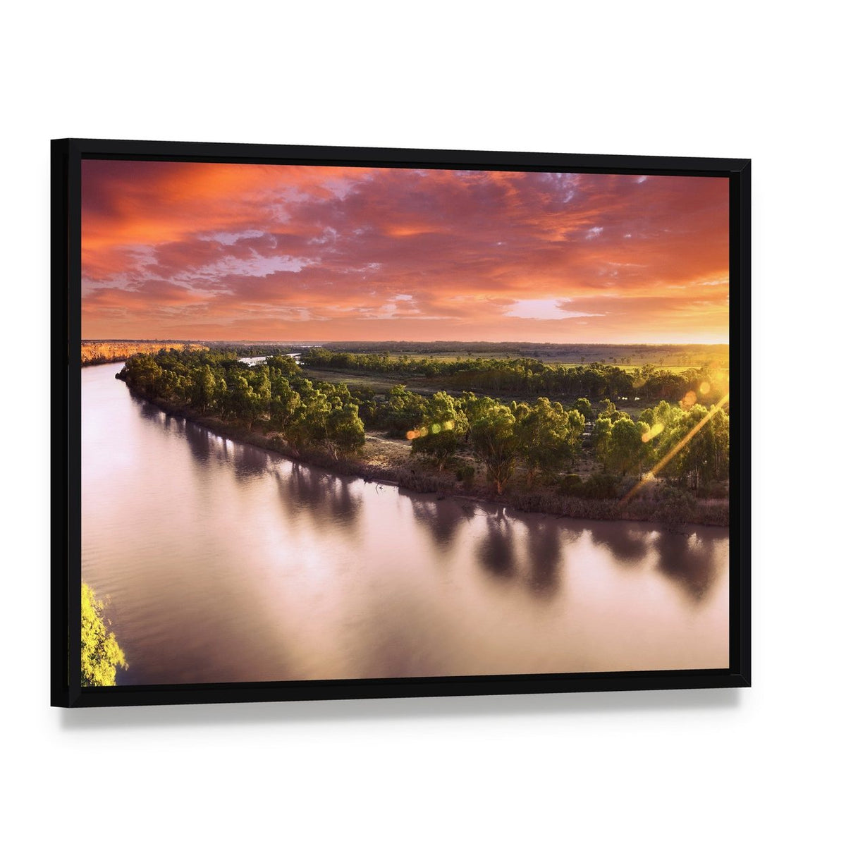 Sunset on Murray River Canvas Wall Art, framed canvas in a black floater frame, angled product view