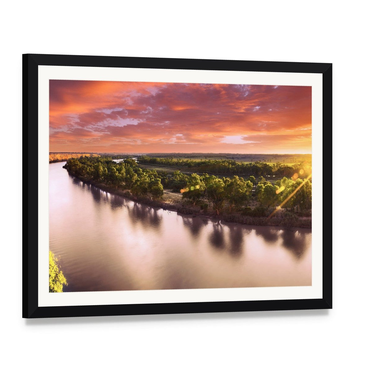 Sunset on Murray River Canvas Wall Art, framed print with white mat and black frame, angled product view