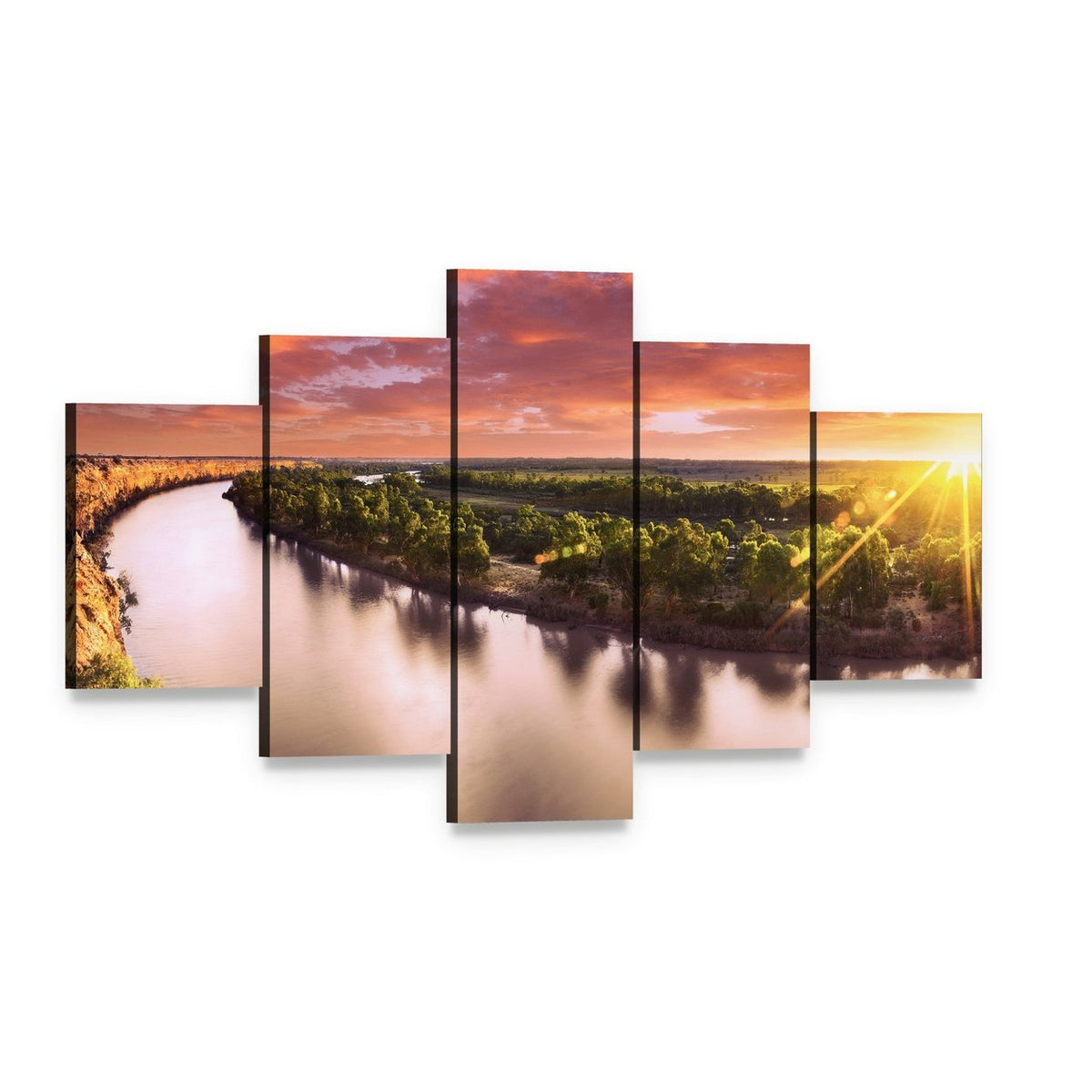 Sunset on Murray River Canvas Wall Art, 5 panel 5 Star layout gallery wrapped canvas set, angled product view