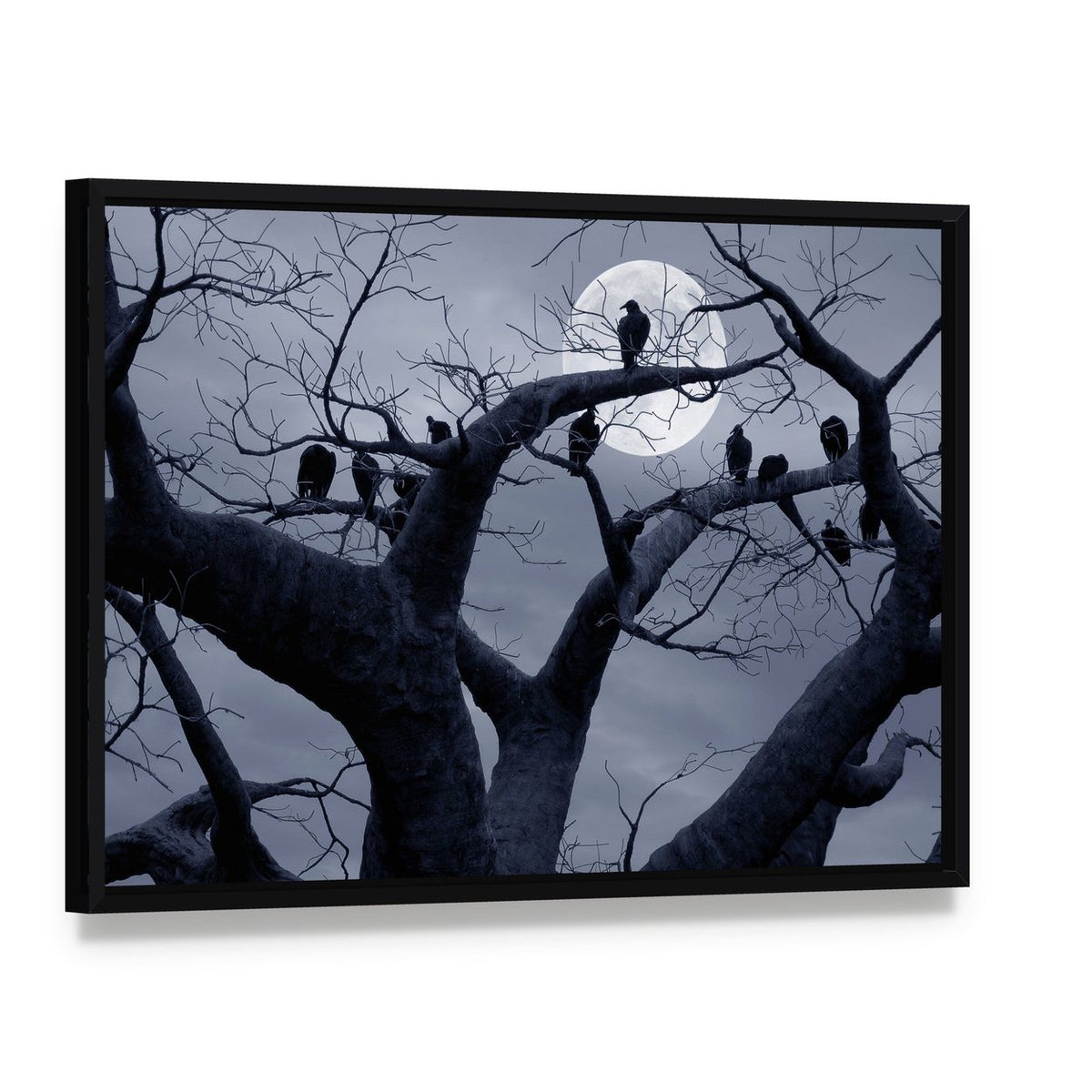 Vultures in a Spooky Halloween Scene Canvas Wall Art, framed canvas in a black floater frame, angled product view