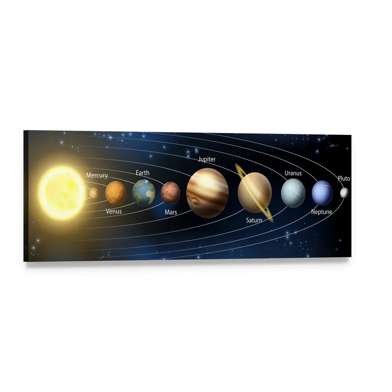 Planets of Our Solar System Panoramic Canvas Wall Art, single panel gallery wrapped canvas, angled product view
