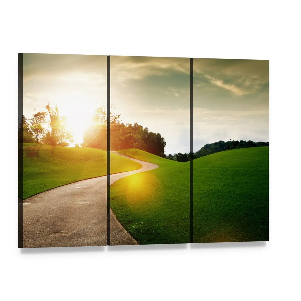 Curving Green Hill Path at Sunset Canvas Wall Art, 3 panel 3 Horizontal layout gallery wrapped canvas set, angled product view