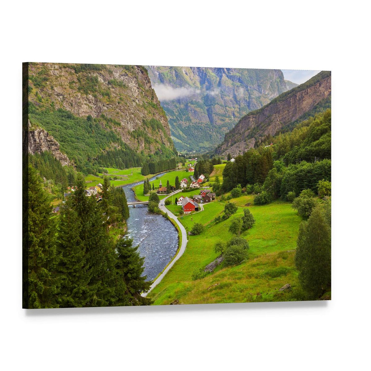Flam Village Norway River Valley Canvas Wall Art, single panel gallery wrapped canvas, angled product view