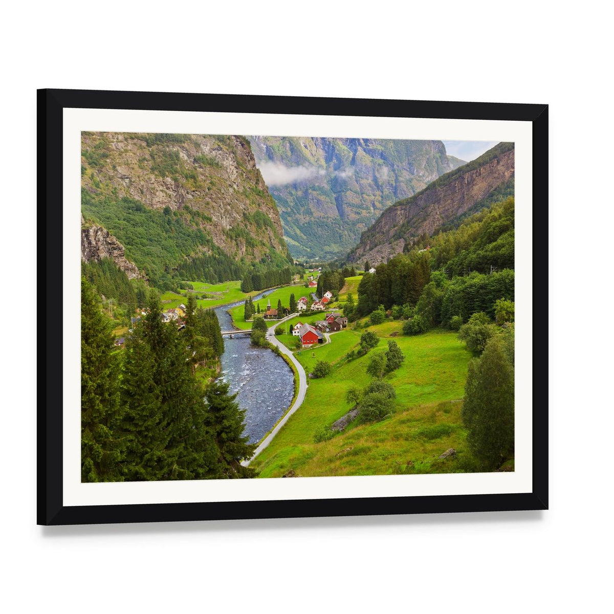 Flam Village Norway River Valley Canvas Wall Art, framed print with white mat and black frame, angled product view
