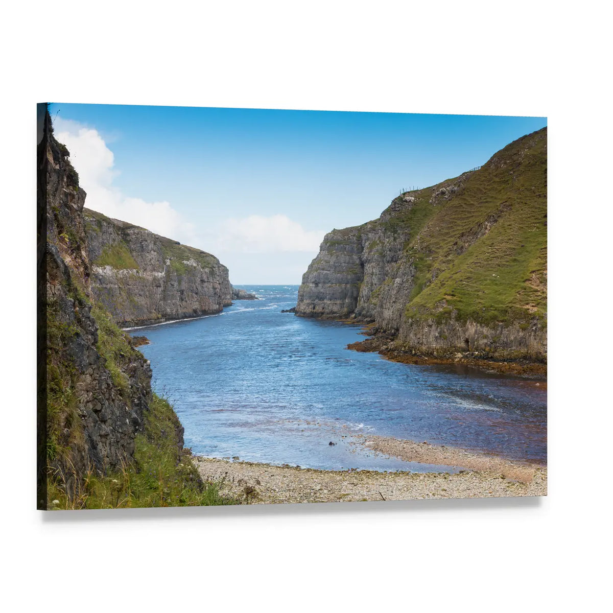 Pebble Beach and Cliff-lined Inlet Canvas Wall Art, single panel gallery wrapped canvas, angled product view