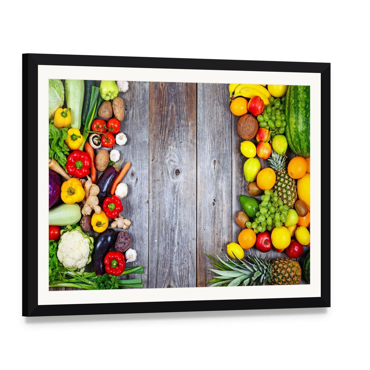 Fresh Vegetables and Fruit Canvas Wall Art, framed print with white mat and black frame, angled product view