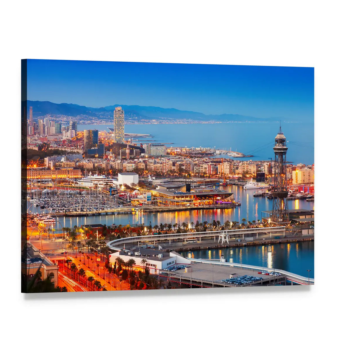 Barcelona Night Harbor Skyline Canvas Wall Art, single panel gallery wrapped canvas, angled product view