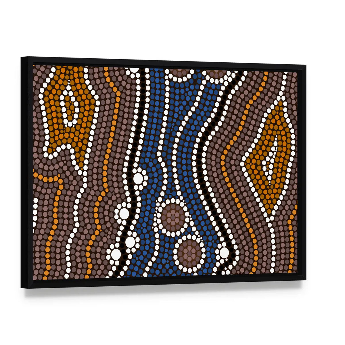Indigenous Australian River Dot Painting Canvas Wall Art, framed canvas in a black floater frame, angled product view