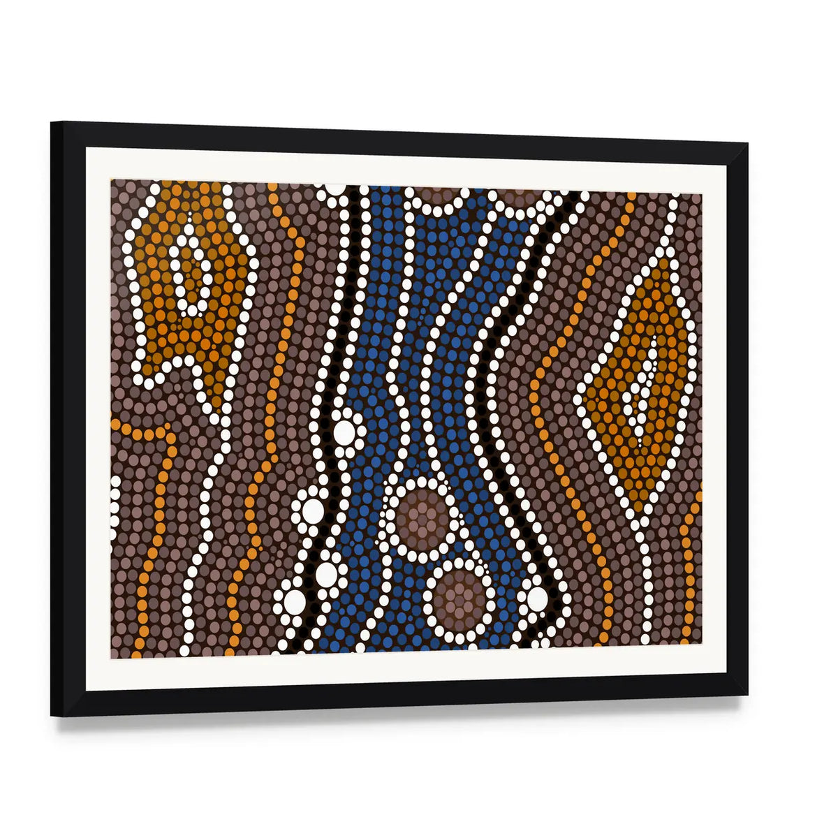 Indigenous Australian River Dot Painting Canvas Wall Art, framed print with white mat and black frame, angled product view
