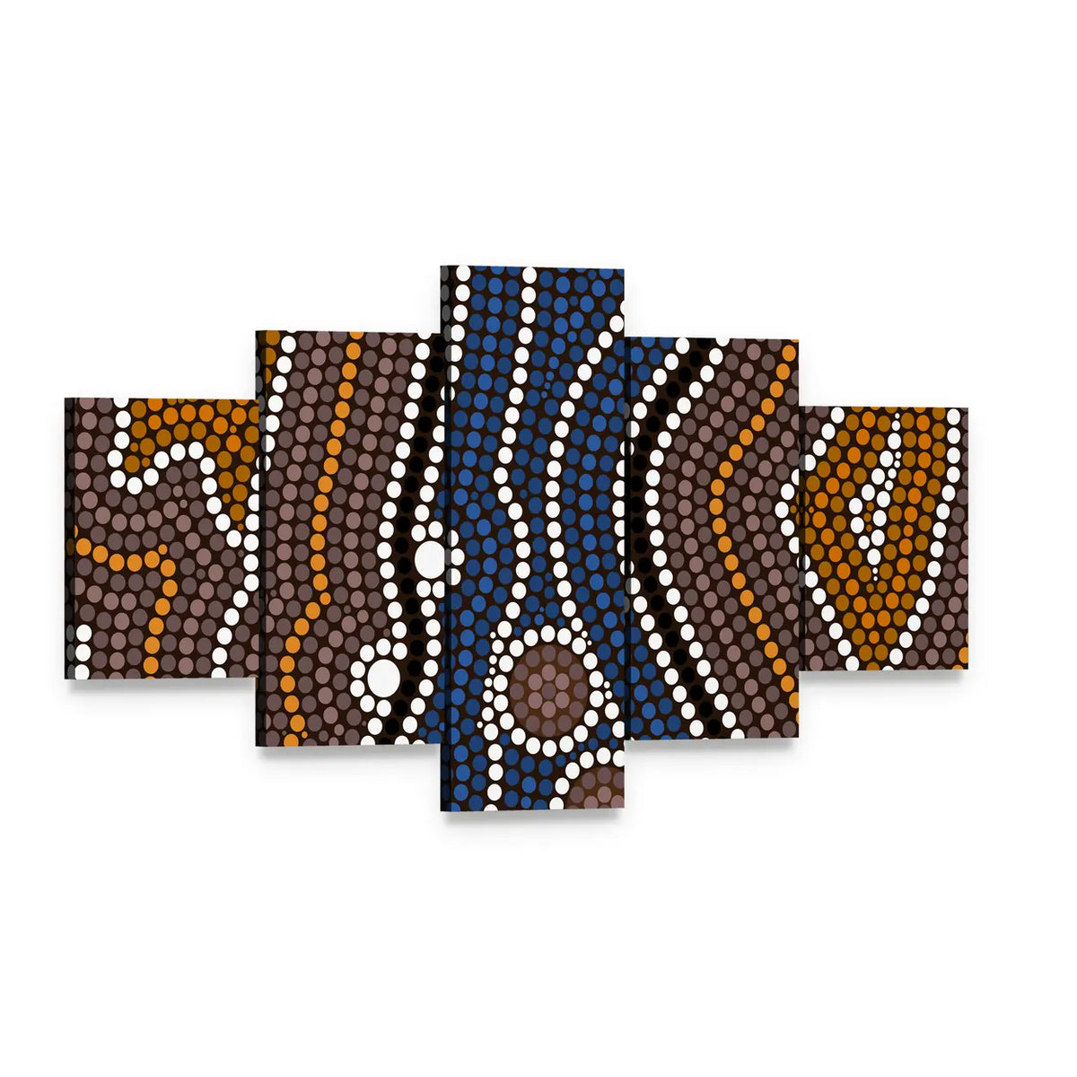 Indigenous Australian River Dot Painting Canvas Wall Art, 5 panel 5 Star layout gallery wrapped canvas set, angled product view