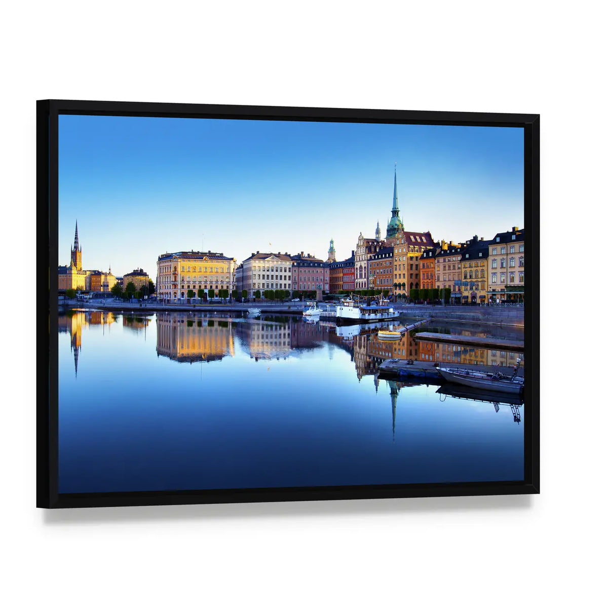 Old Town Of Stockholm In Sweden Canvas Wall Art, framed canvas in a black floater frame, angled product view