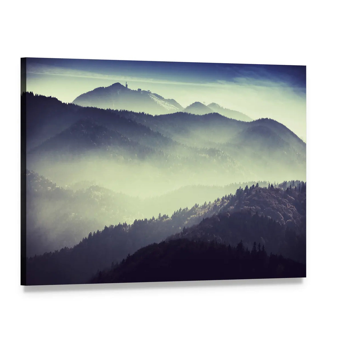 Misty Mountain Valley with Tower Silhouette Canvas Wall Art, single panel gallery wrapped canvas, angled product view