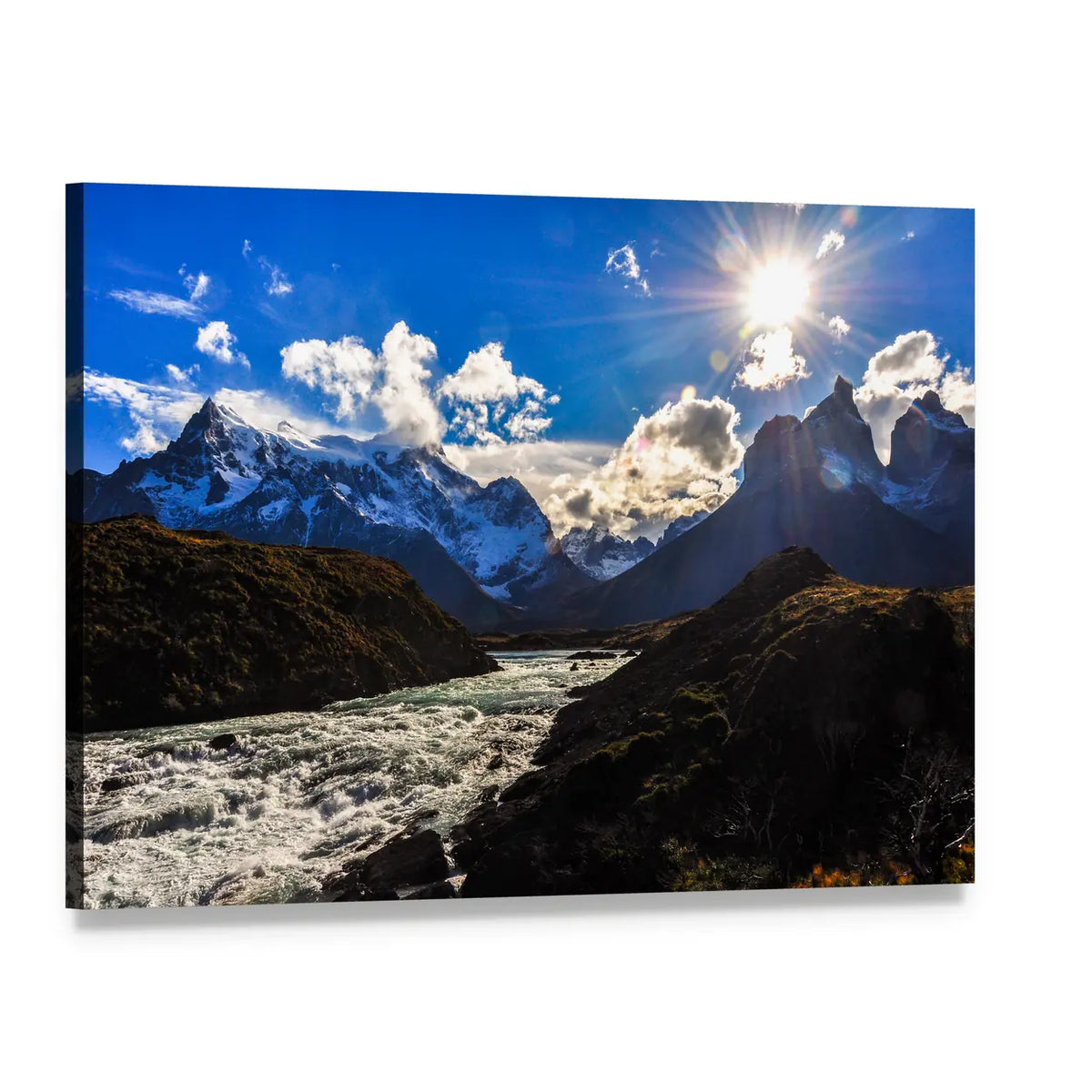 Torres Del Paine Mountain River Scene Canvas Wall Art, single panel gallery wrapped canvas, angled product view
