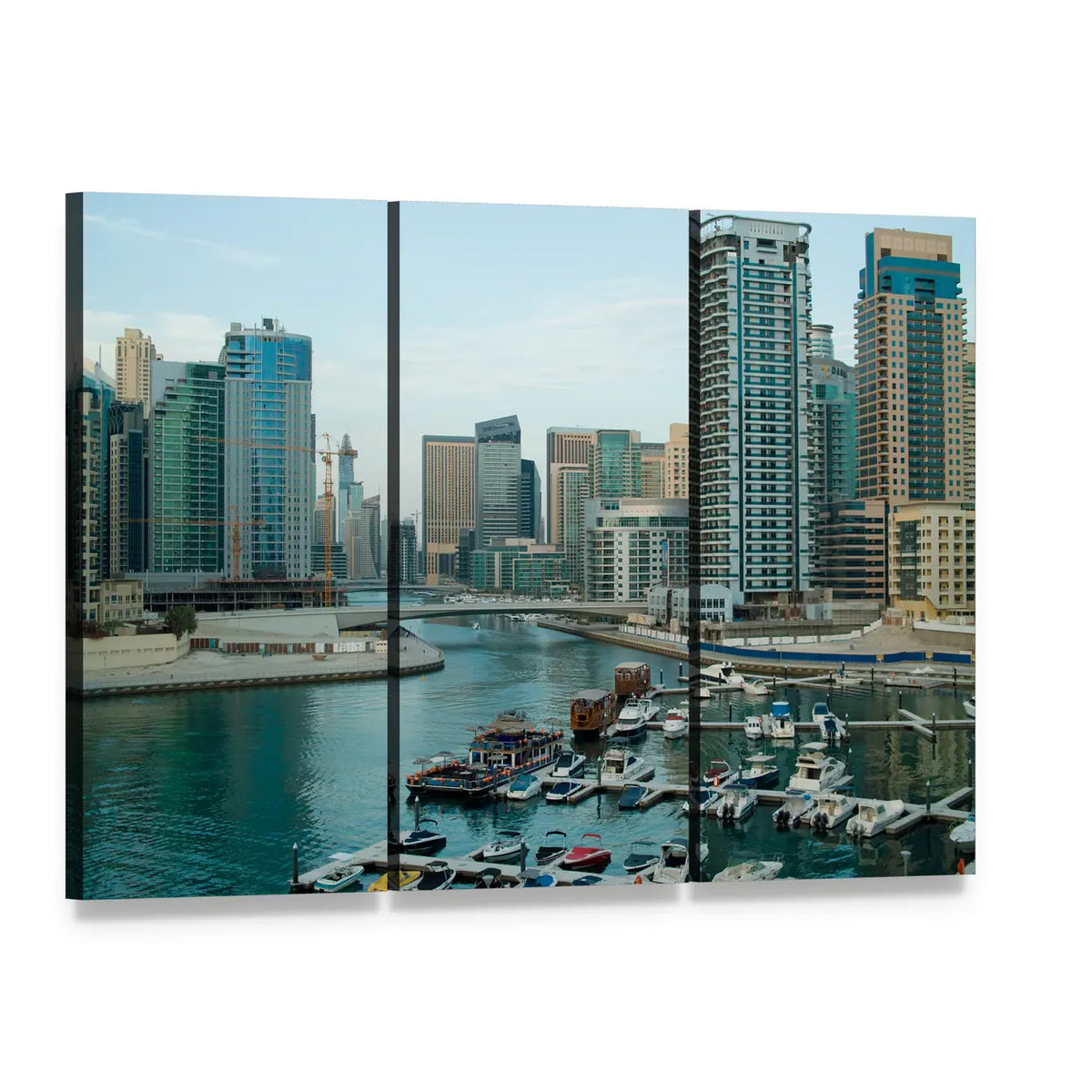 Dubai Daytime Marina Skyline Canvas Wall Art, 3 panel 3 Horizontal layout gallery wrapped canvas set, angled product view