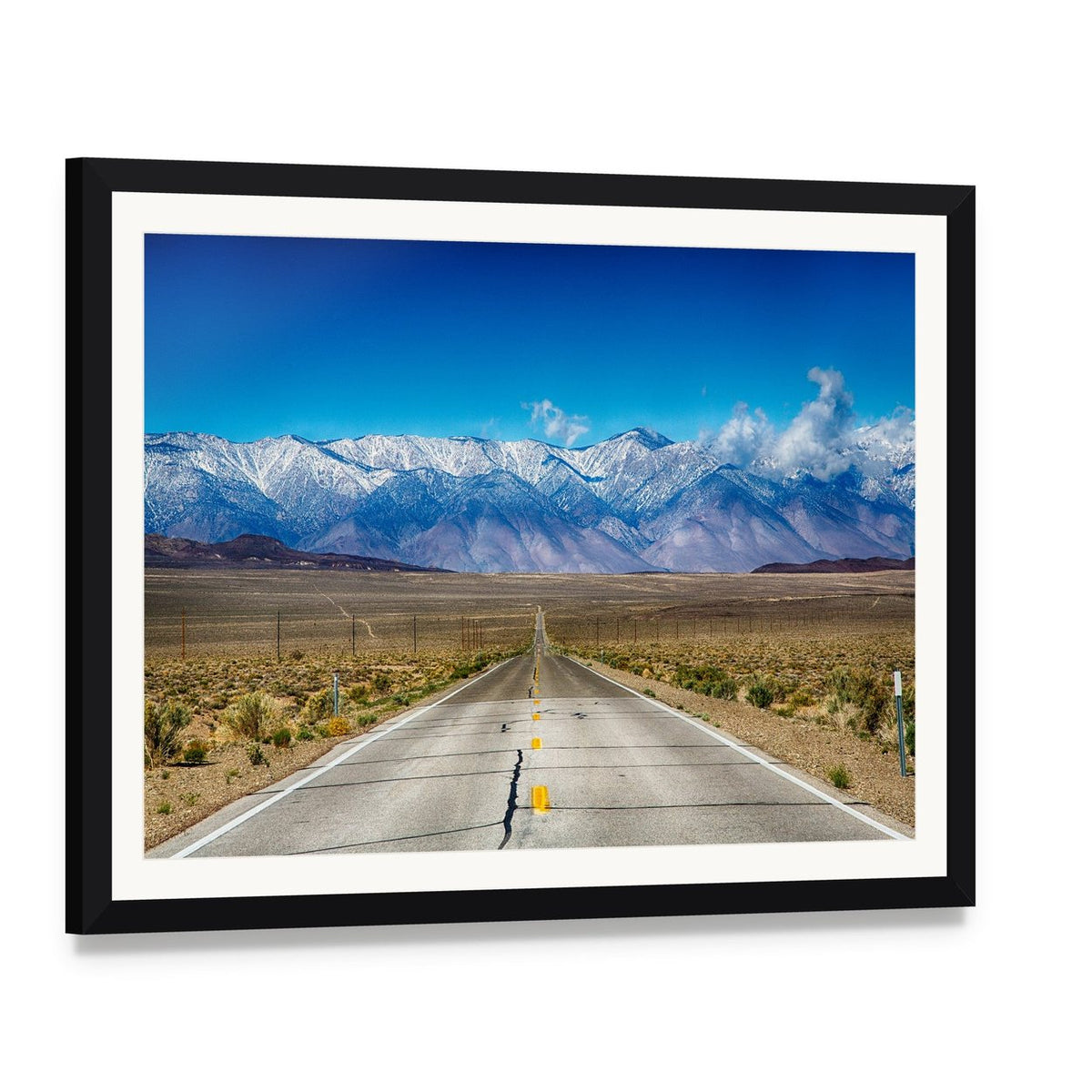 Road Through Eastern Sierra Nevada Mountains Canvas Wall Art, framed print with white mat and black frame, angled product view