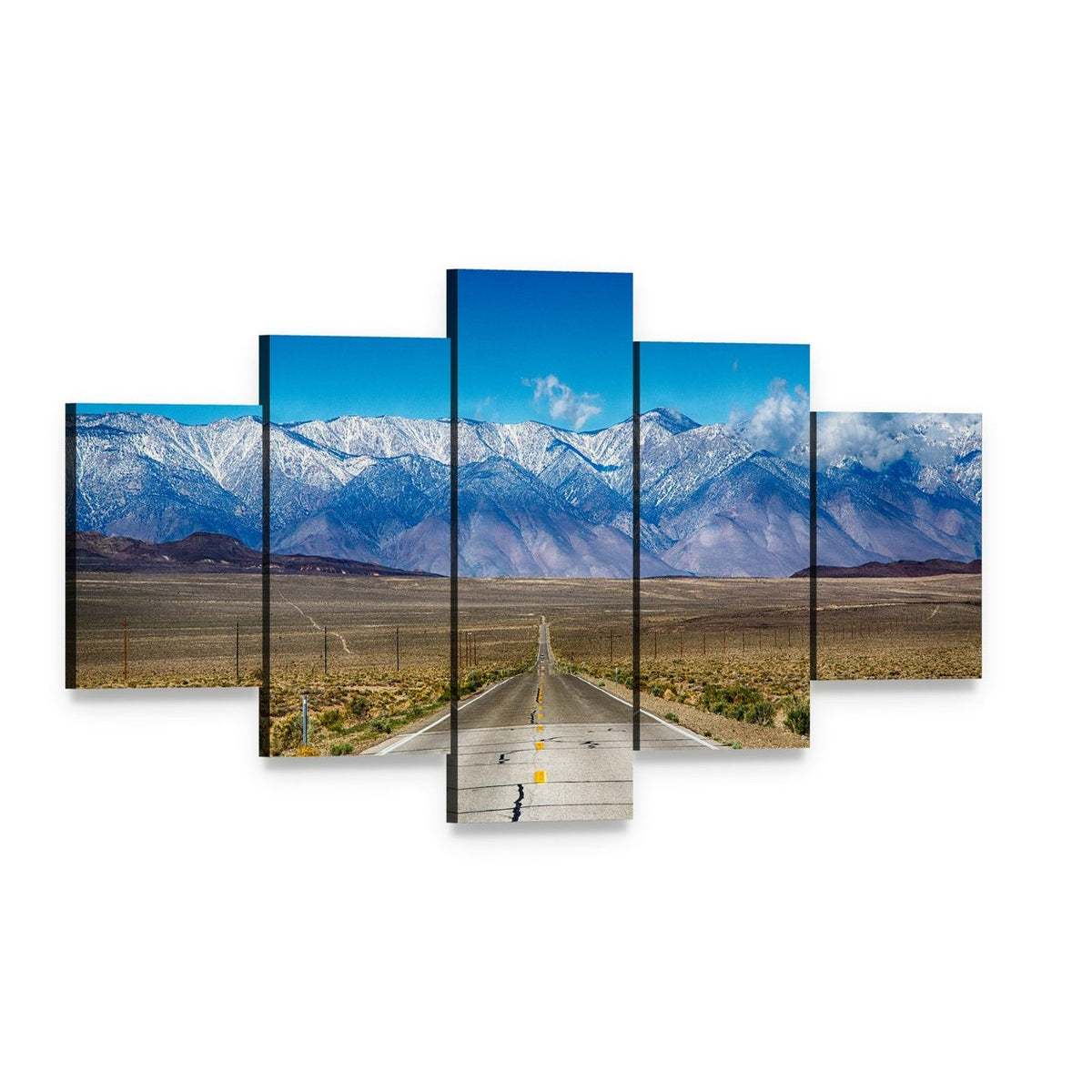Road Through Eastern Sierra Nevada Mountains Canvas Wall Art, 5 panel 5 Star layout gallery wrapped canvas set, angled product view