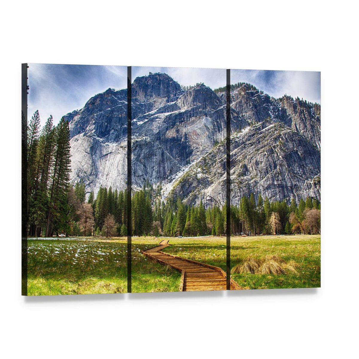 Yosemite Mountain Boardwalk Canvas Wall Art, 3 panel 3 Horizontal layout gallery wrapped canvas set, angled product view